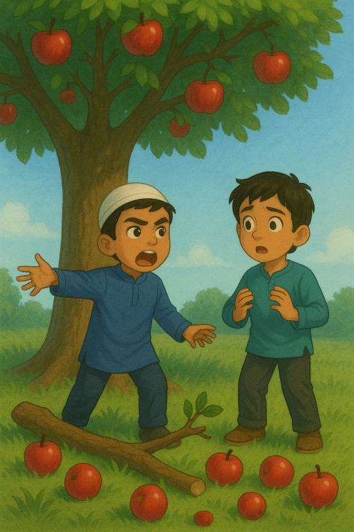 Zayd’s Powerful Lesson Beneath the Apple Tree 3 a cartoon of two boys standing under a tree