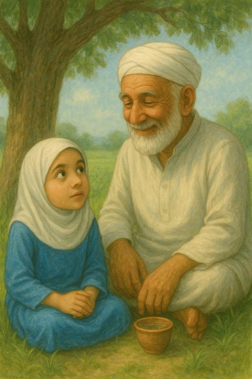 Muslim girl asking grandfather a question, Islamic kids story on du’a, emotional grandparent-child story illustration