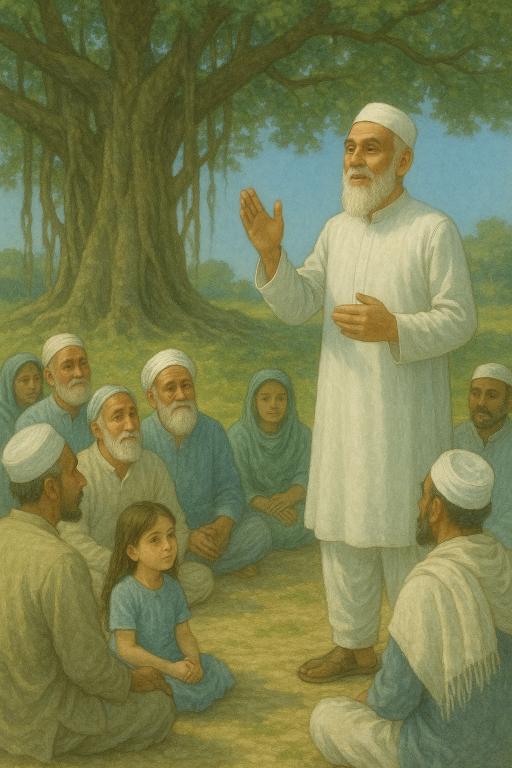 Village imam teaching faith and patience, Islamic story of hope and prayer, community under tree in kids story art
