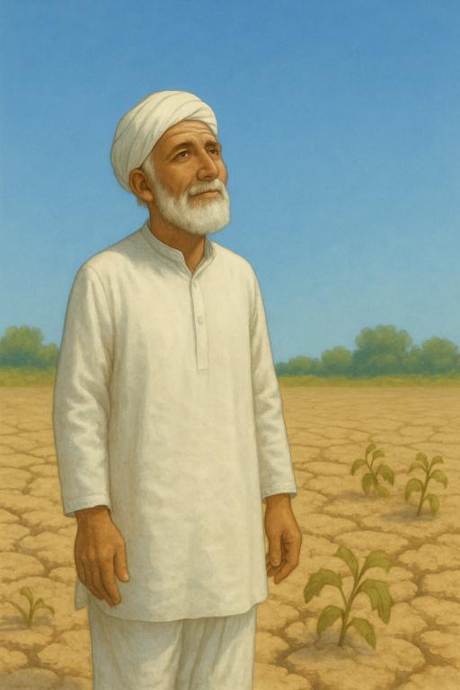 Old Muslim farmer in dry cracked field, drought story visual, Islamic kids story about patience, nature hardship scene