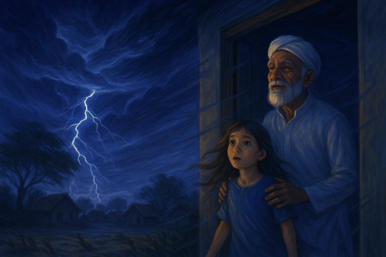 Storm approaching peaceful village, child and grandfather watching rain come, Islamic prayer story scene for kids
